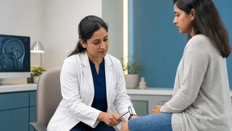Neurologist testing knee reflexes during a neurological consultation at ZOI Hospital, Attapur and Kondapur, Hyderabad